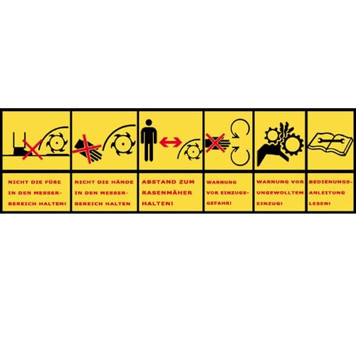 Rasenmäherwarnhinweise mit 6 Symbolen und Text: Nicht die Füße in den Messerbereich halten, Nicht die Hände in den Messerbereich halten, Abstand zum Rasenmäher halten, Warnung vor Einzugsgefahr, Warnung vor ungewolltem Einzug, Bedienungsanleitung lesen