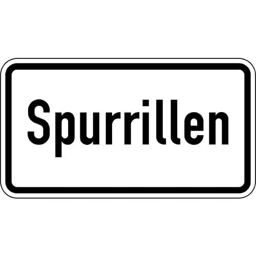 Verkehrsschild Spurrillen VZ 2112 rechteckiges weißes Schild mit schwarzem Rand und schwarzer Aufschrift Spurrillen