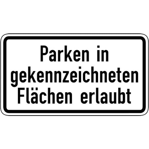 Verkehrsschild Parken in gekennzeichneten Flächen erlaubt VZ 1053-30 weißes Schild mit schwarzem Rand und Text