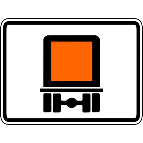 Verkehrsschild Streckenverbot für den Transport von gefährlichen Gütern auf Straßen VZ 1052-30 mit orangefarbenem Gefahrgut-Symbol auf Anhänger