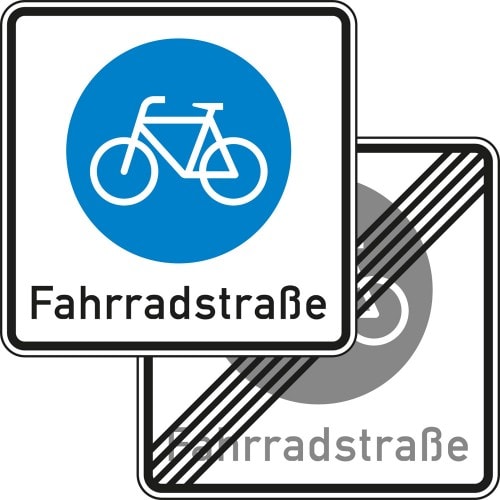 Verkehrsschild Fahrradstraße doppelseitig mit blauem Fahrradsymbol und Schriftzug Fahrradstraße, Vorder- und Rückseite