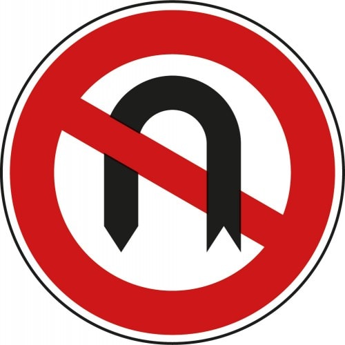 Verkehrsschild Verbot des Wendens VZ 272 mit rotem Kreis und durchgestrichenem U-Turn Symbol