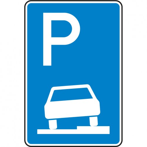 Verkehrsschild Parken halb auf Gehwegen VZ 315-55 blau mit weißem P und Auto