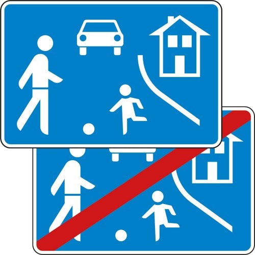 Verkehrsberuhigter Bereich Verkehrsschild doppelseitig mit Symbolen für Fußgänger, spielende Kinder, Auto und Haus, Vorder- und Rückseite mit VZ 325.1 und VZ 325.2
