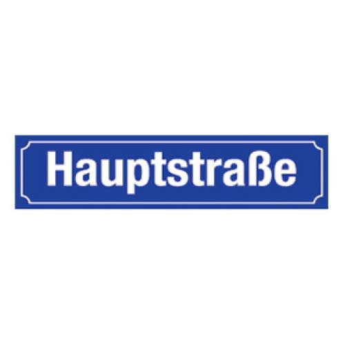 Blaues Straßenschild mit weißer Aufschrift Hauptstraße aus Alu-Hohlkastenprofil Aspena