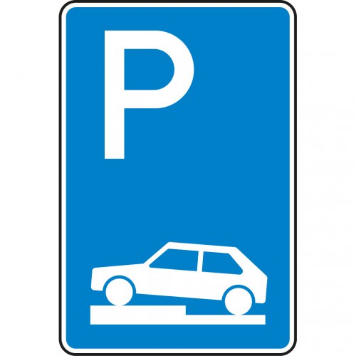 Verkehrsschild Parken halb auf Gehwegen VZ 315-70 blau mit weißem P und Auto Symbol