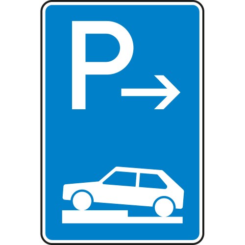 Verkehrsschild Parken halb auf Gehwegen Anfang VZ 315-71 blau mit weißem P und Auto Symbol