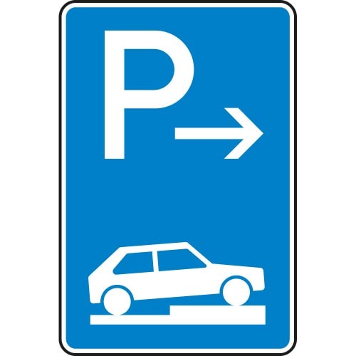 Verkehrsschild Parken halb auf Gehwegen Ende VZ 315-77 blau mit weißem P-Symbol und Auto auf Gehweg