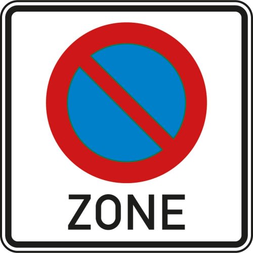 Verkehrsschild Beginn eines eingeschränkten Haltverbots für eine Zone VZ 290.1 mit rotem Rand und blauem Kreis mit rotem Schrägstrich