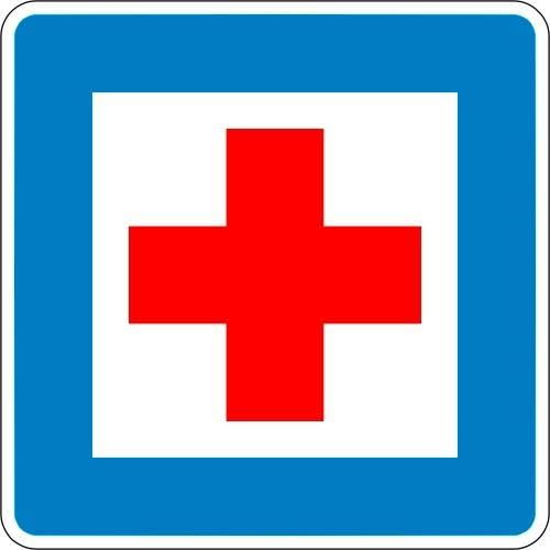 Erste Hilfe Verkehrsschild VZ 358 mit rotem Kreuz auf blauem Hintergrund