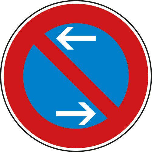 Verkehrsschild Eingeschränktes Haltverbot Mitte mit Rechtsaufstellung, VZ 286-30, blaues Schild mit rotem Rand und weißen Pfeilen