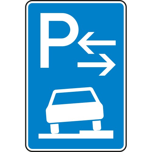 Verkehrsschild Parken halb auf Gehwegen Mitte VZ 315-58 blau mit weißem P und Auto auf Gehweg