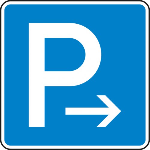 Verkehrsschild Parken Ende Rechtsaufstellung mit blauem Hintergrund und weißem P-Symbol mit Pfeil nach rechts
