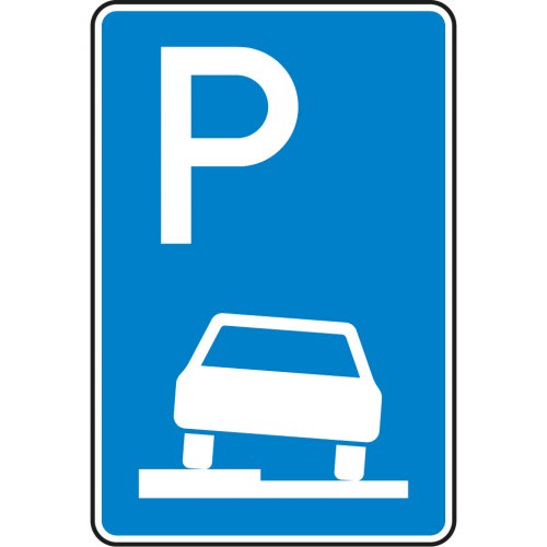 Verkehrsschild Parken halb auf Gehwegen VZ 315-50 blau mit weißem P und Auto