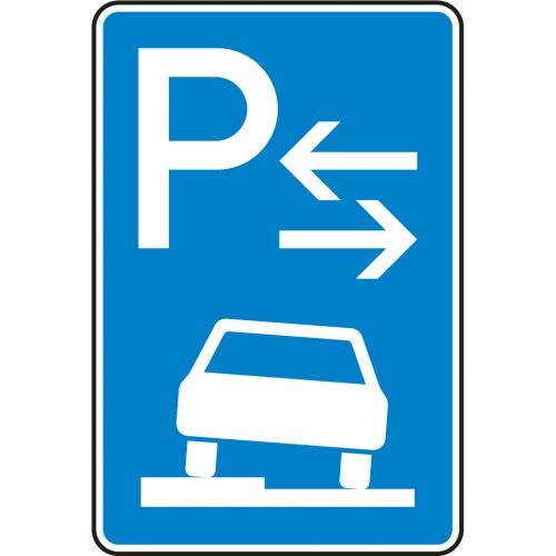 Verkehrsschild Parken halb auf Gehwegen Mitte VZ 315-53 blau mit weißem P und Auto