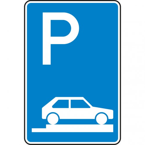 Verkehrsschild Parken ganz auf Gehwegen VZ 315-85 mit blauem Hintergrund, weißem P und Auto auf Gehweg