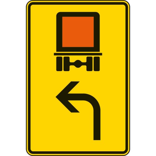 Vorwegweiser Verkehrsschild für kennzeichnungspflichtige Fahrzeuge mit gefährlichen Gütern, linksweisend, gelbes Schild mit LKW-Symbol und Pfeil nach links