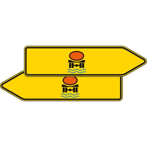Doppelseitiger Pfeilwegweiser für Fahrzeuge mit wassergefährdender Ladung, gelbes Verkehrsschild VZ 421-42 mit Symbol