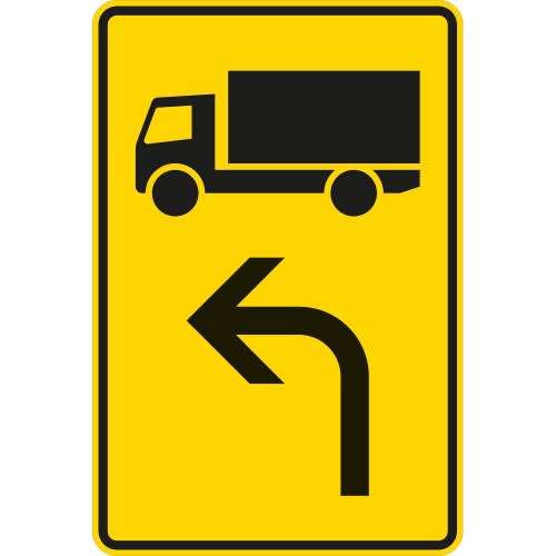 Verkehrsschild Vorwegweiser für KFZ mit einer zulässigen Gesamtmasse über 3,5 t, linksweisend, gelbes Schild mit LKW-Symbol und Pfeil nach links