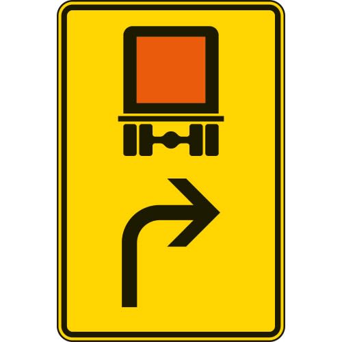 Vorwegweiser Verkehrsschild VZ 442-21 für kennzeichnungspflichtige Fahrzeuge mit gefährlichen Gütern, rechtsweisend, gelbes Schild mit LKW-Symbol und rechter Pfeil