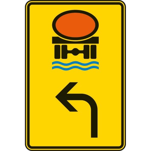 Vorwegweiser Verkehrsschild für Fahrzeuge mit wassergefährdender Ladung, linksweisend, gelbes Schild mit Symbol und Pfeil nach links