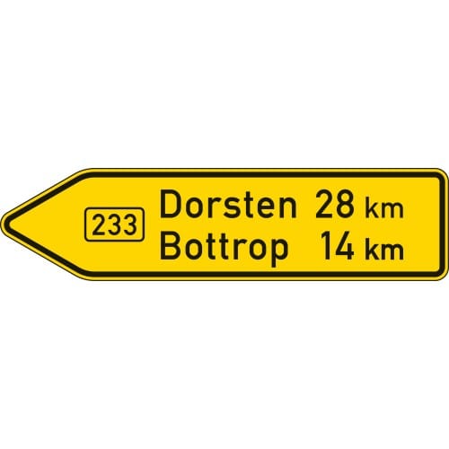 Pfeilwegweiser linksweisend auf Bundesstraße 233 mit Entfernungen zu Dorsten 28 km und Bottrop 14 km