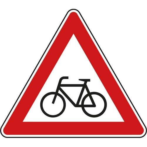 Verkehrsschild VZ 138-10 mit Fahrrad-Symbol und rotem Dreieck, Radverkehr Aufstellung rechts