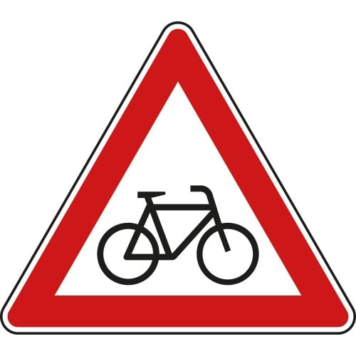 Verkehrsschild Radverkehr Aufstellung links VZ 138-20 mit rotem Dreieck und Fahrrad-Symbol