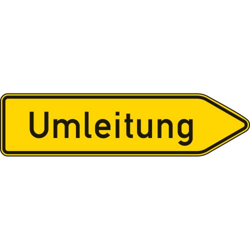 Umleitungswegweiser rechtsweisend gelbes Verkehrsschild mit schwarzem Rand und Schrift Umleitung