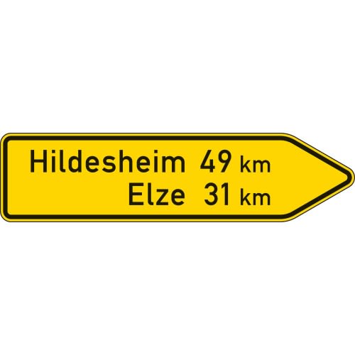 Pfeilwegweiser mit Wunschtext auf sonstigen Straßen, rechtsweisend, zeigt Entfernungen zu Hildesheim 49 km und Elze 31 km, Verkehrsschild VZ 418-20
