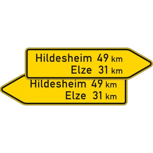 Doppelseitiger gelber Pfeilwegweiser mit Wunschtext, zeigt Entfernungen zu Hildesheim 49 km und Elze 31 km, Verkehrsschild VZ 418-40
