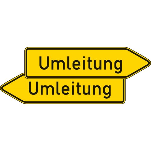 Doppelseitiger Umleitungswegweiser Verkehrsschild VZ 454-40 gelb mit schwarzer Umleitungsschrift