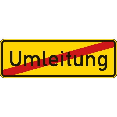 Ende der Umleitung Verkehrsschild VZ 457.2 gelbes Schild mit rotem Querstrich