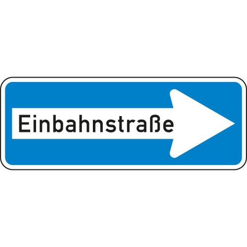 Verkehrsschild Einbahnstraße rechtsweisend mit weißem Pfeil auf blauem Grund
