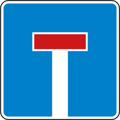Sackgasse Verkehrsschild VZ 357 blaues Schild mit weißem T und rotem Balken oben