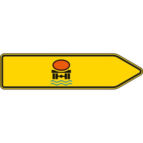 Pfeilwegweiser Verkehrsschild für Fahrzeuge mit wassergefährdender Ladung, rechtsweisend, gelbes Schild mit schwarzem Rand und Symbol
