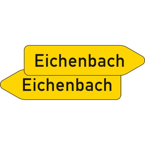 Doppelseitiger gelber Pfeilwegweiser mit dem Wunschtext Eichenbach, Verkehrsschild VZ 419-40 für Straßen mit geringerer Verkehrsbedeutung