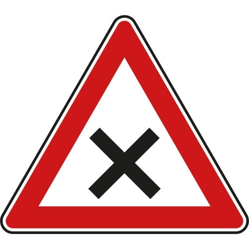 Verkehrszeichen VZ 102 Warnschild gefährliche Kreuzung oder Einmündung mit rotem Dreieck und schwarzem Kreuz