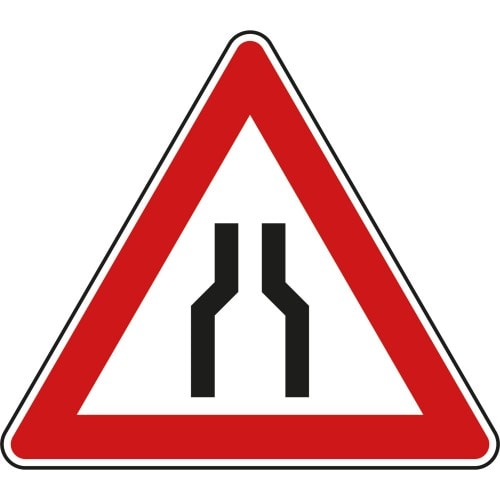 Verkehrsschild Verengte Fahrbahn VZ 120 mit rotem Dreieck und schwarzem Symbol