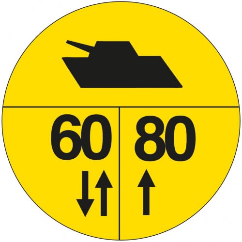 Militärisches Tragfähigkeitszeichen an Brücken mit Panzer-Symbol und Zahlen 60 und 80 auf gelbem Hintergrund