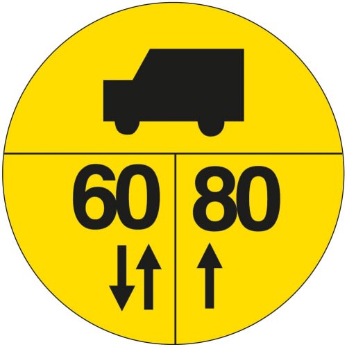 Militärisches Tragfähigkeitszeichen an Brücken mit schwarzem LKW-Symbol und Zahlen 60 und 80 auf gelbem Hintergrund
