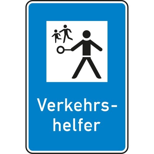 Verkehrshelfer Verkehrsschild VZ 356 blau mit Symbol von Personen und Schriftzug Verkehrshelfer