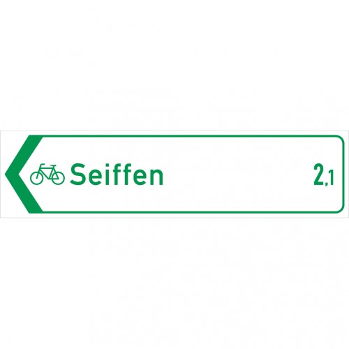 Grünes Radwegschild mit Pfeil und Fahrrad-Symbol, zeigt Richtung Seiffen, Entfernung 2,1 Kilometer