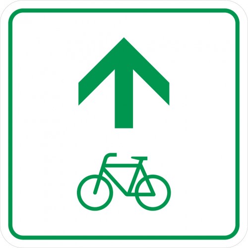 Grünes Radwegschild mit Fahrrad-Symbol und Pfeil nach oben auf weißem Hintergrund