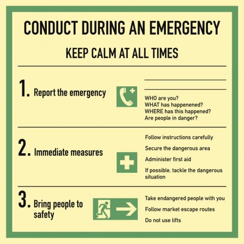 Conduct during an emergency sign with instructions to keep calm, report the emergency, take immediate measures, and bring people to safety