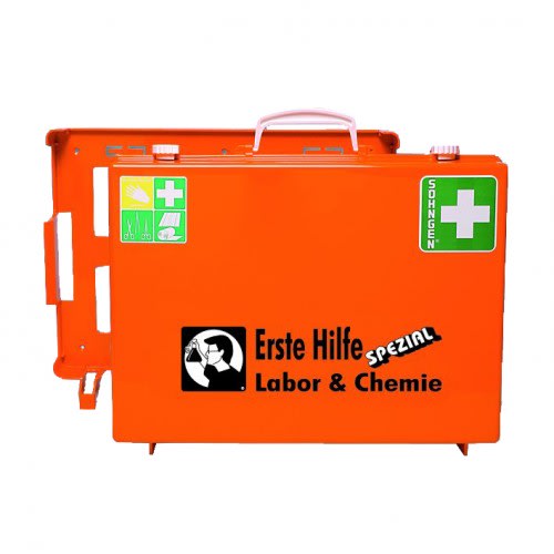 Erste-Hilfe-Koffer Labor und Chemie orange mit weißen Griffen und grünen Erste-Hilfe-Symbolen, Söhngen Beruf Spezial