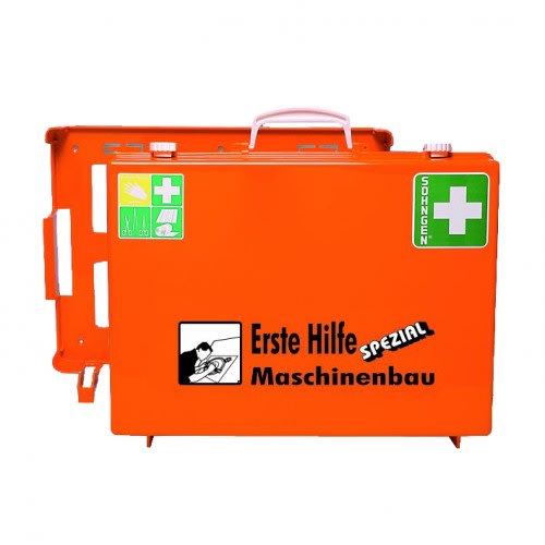Oranger Erste-Hilfe-Koffer Maschinenbau mit weißen Griffen und grünen Erste-Hilfe-Symbolen, Modell Söhngen Beruf Spezial
