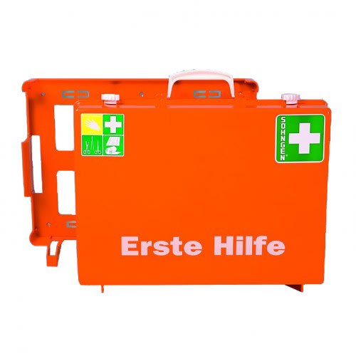 Erste-Hilfe-Koffer MT-CD von Söhngen in orange mit weißem Griff und Aufschrift Erste Hilfe