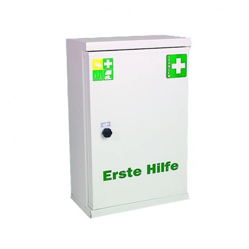 Verbandschrank NovoLine 2 von Söhngen in weiß mit Aufschrift Erste Hilfe und grünem Erste-Hilfe-Kreuz