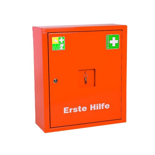 Oranger Verbandschrank mit Aufschrift Erste Hilfe und grünem Erste-Hilfe-Symbol von Söhngen